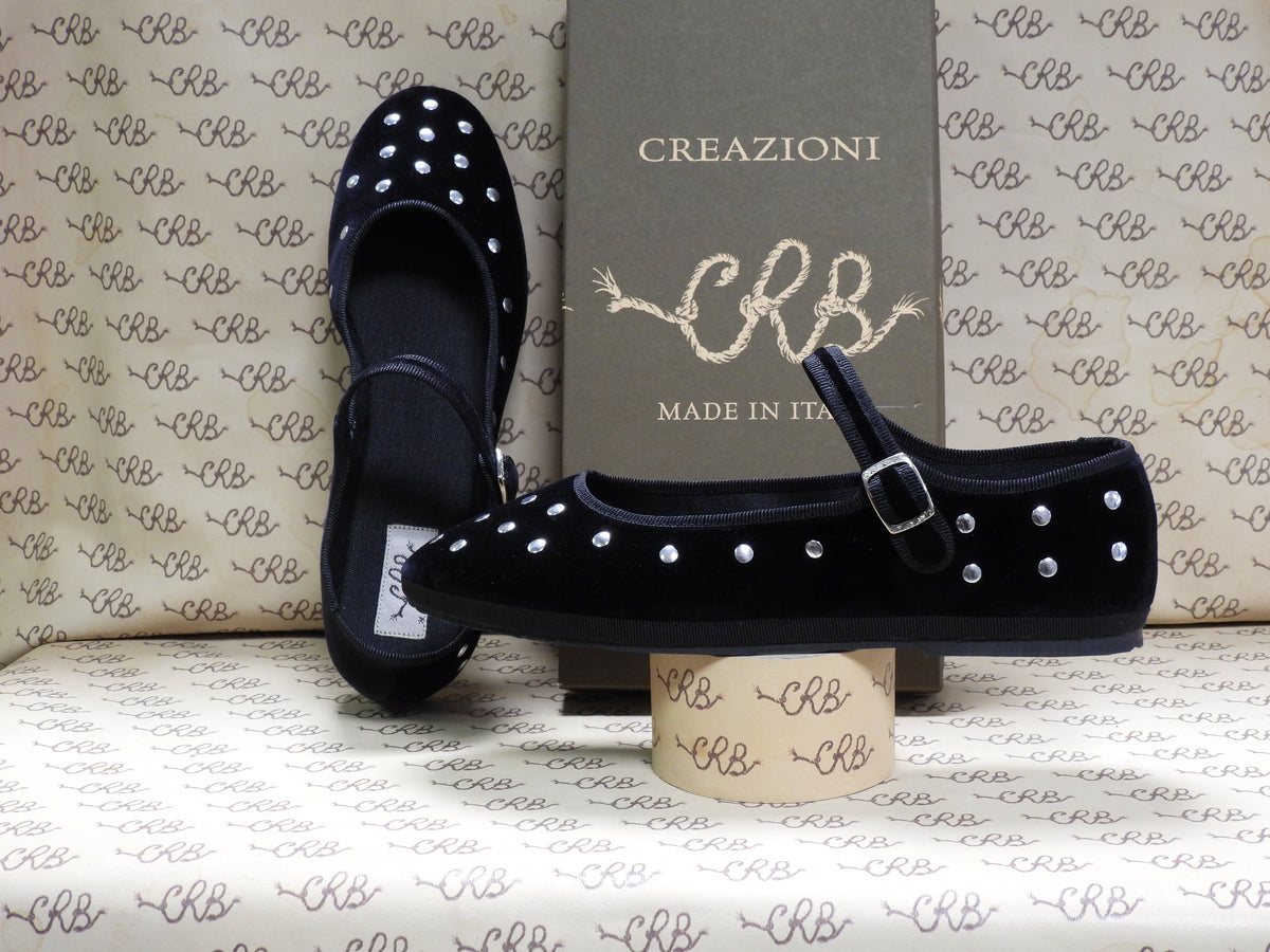 Mary Jane in velluto cotone nero con gros nero e fodera nera + borchie argento