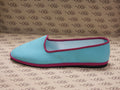 Friulana in tessuto olona azzurro con gros fucsia e fodera bianca