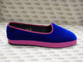 Friulana in velluto cotone blu con gros fucsia, plateau fucsia e fodera nera