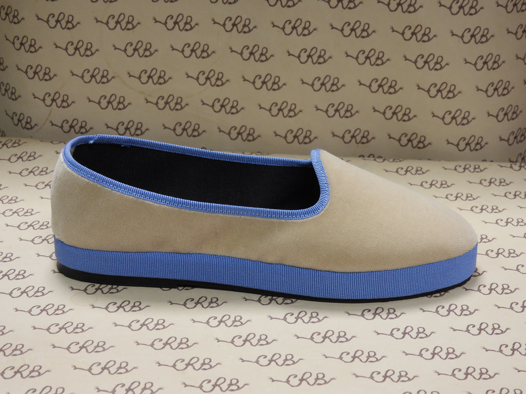 Friulana in velluto cotone panna con gros e plateau azzurro e fodera nera