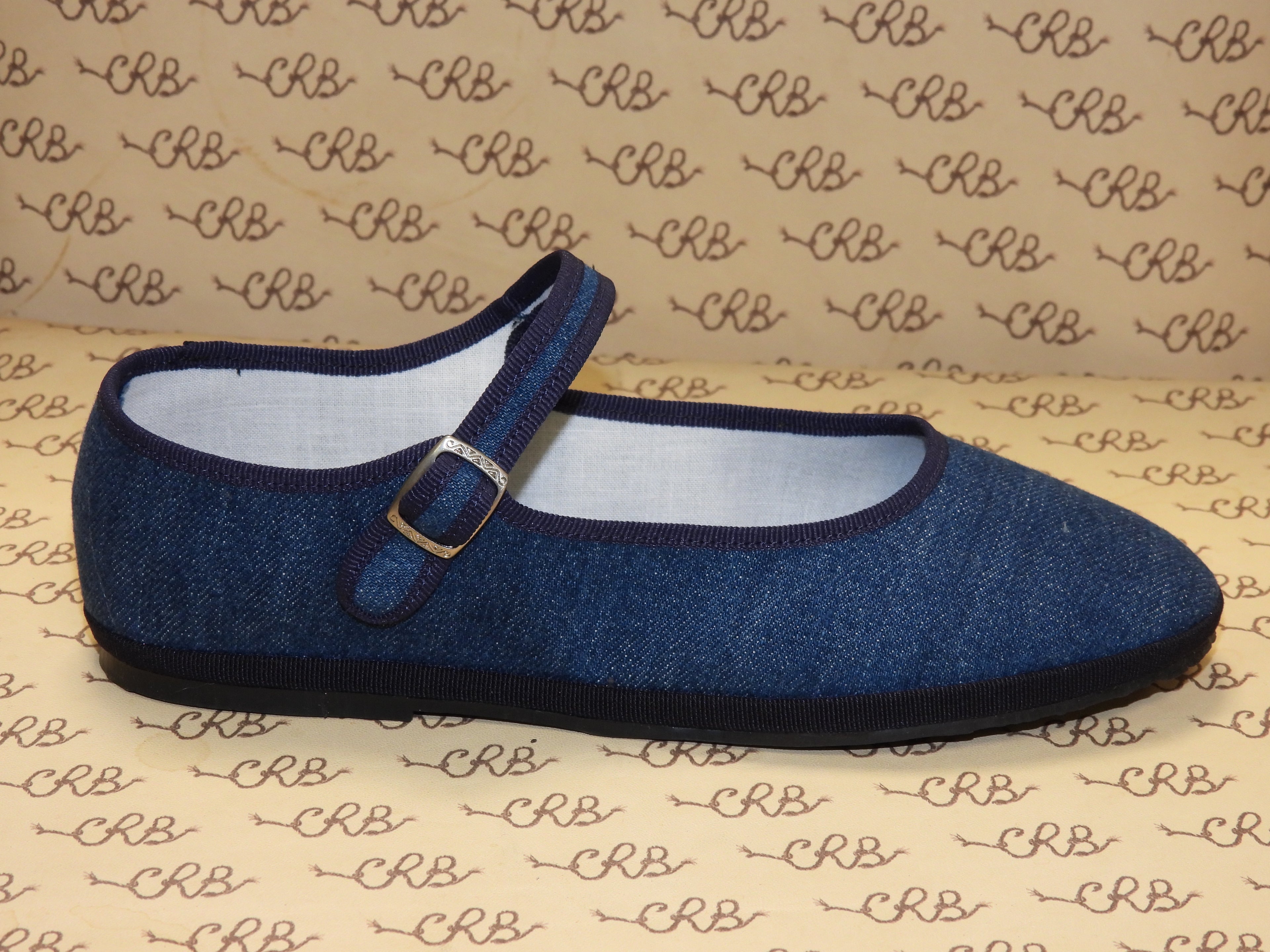 Mary Jane in tessuto jeans con gros blu e fodera bianca