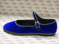 Mary Jane in velluto cotone blu con gros verde salvia e fodera nera