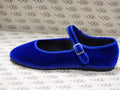 Mary Jane in velluto cotone blu con gros blu e fodera nera