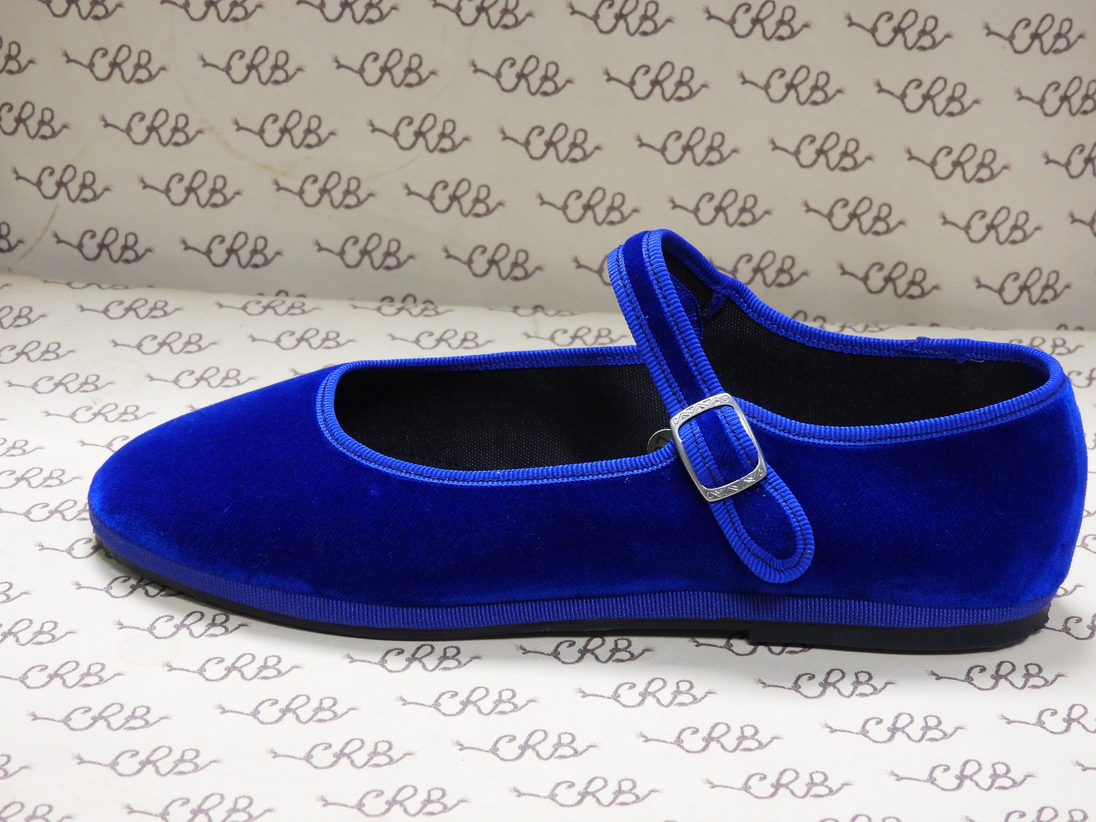 Mary Jane in velluto cotone blu con gros blu e fodera nera