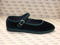 Mary Jane in velluto cotone nero con gros verde e fodera nera