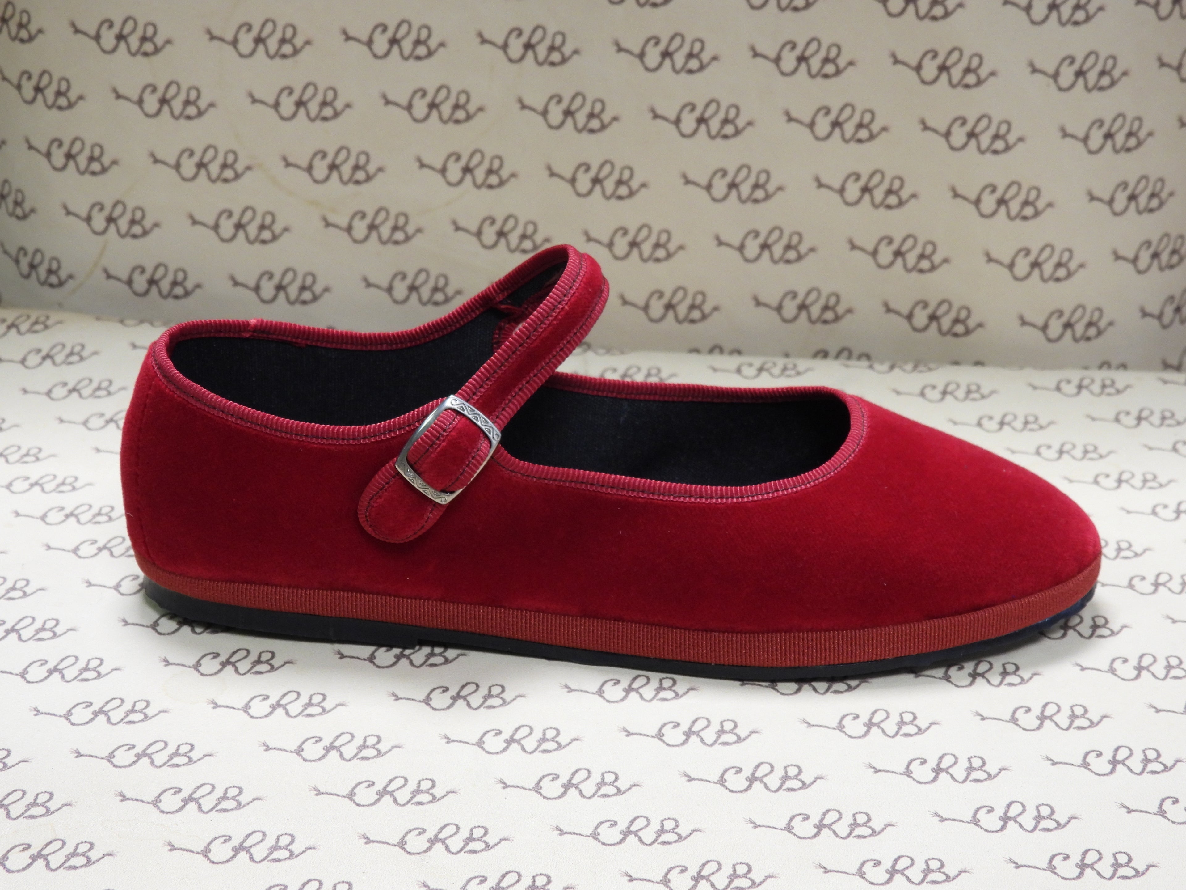Mary Jane in velluto cotone rosso con gros rosso e fodera nera