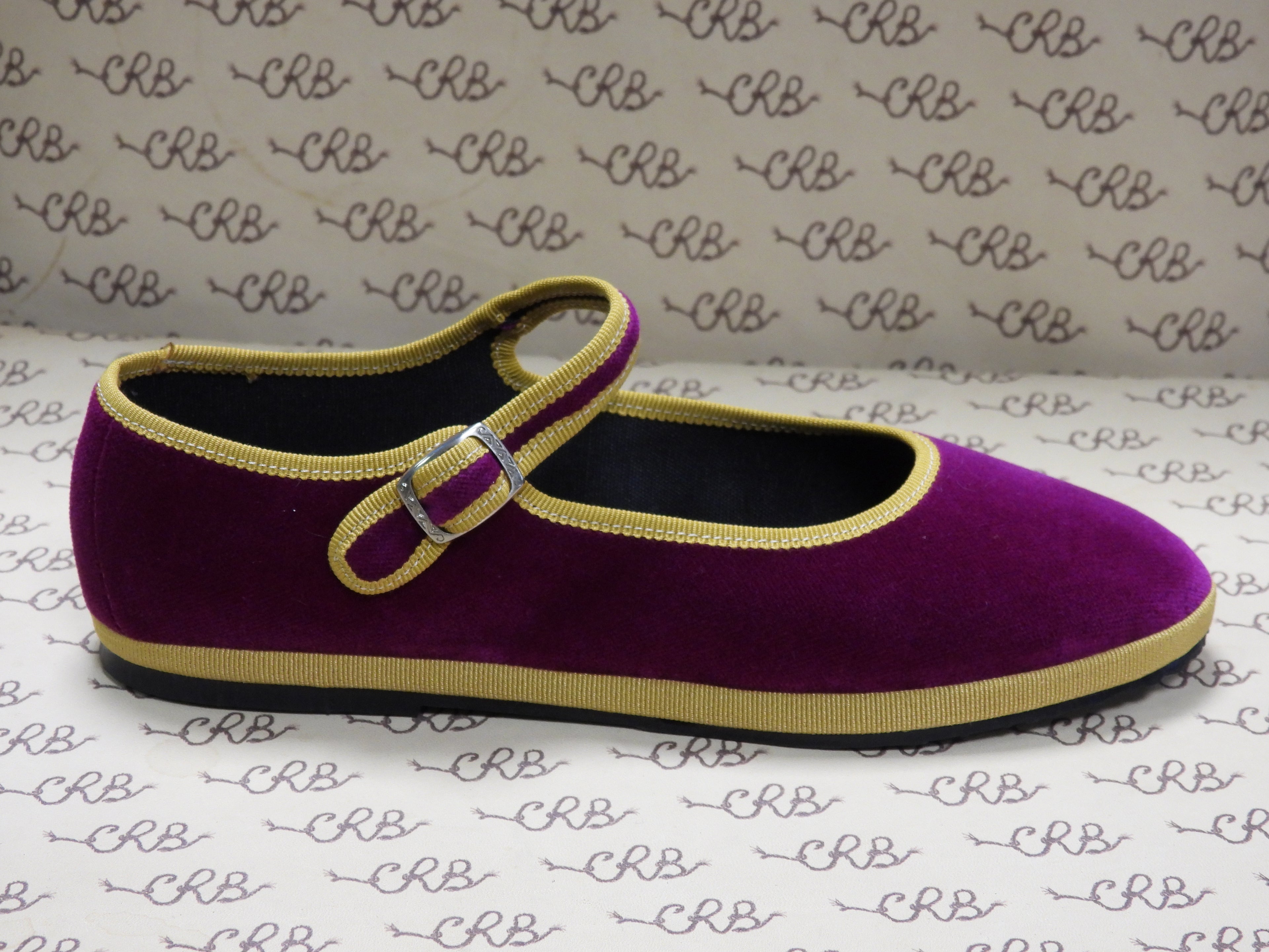 Mary Jane in velluto cotone fucsia con gros senape e fodera nera