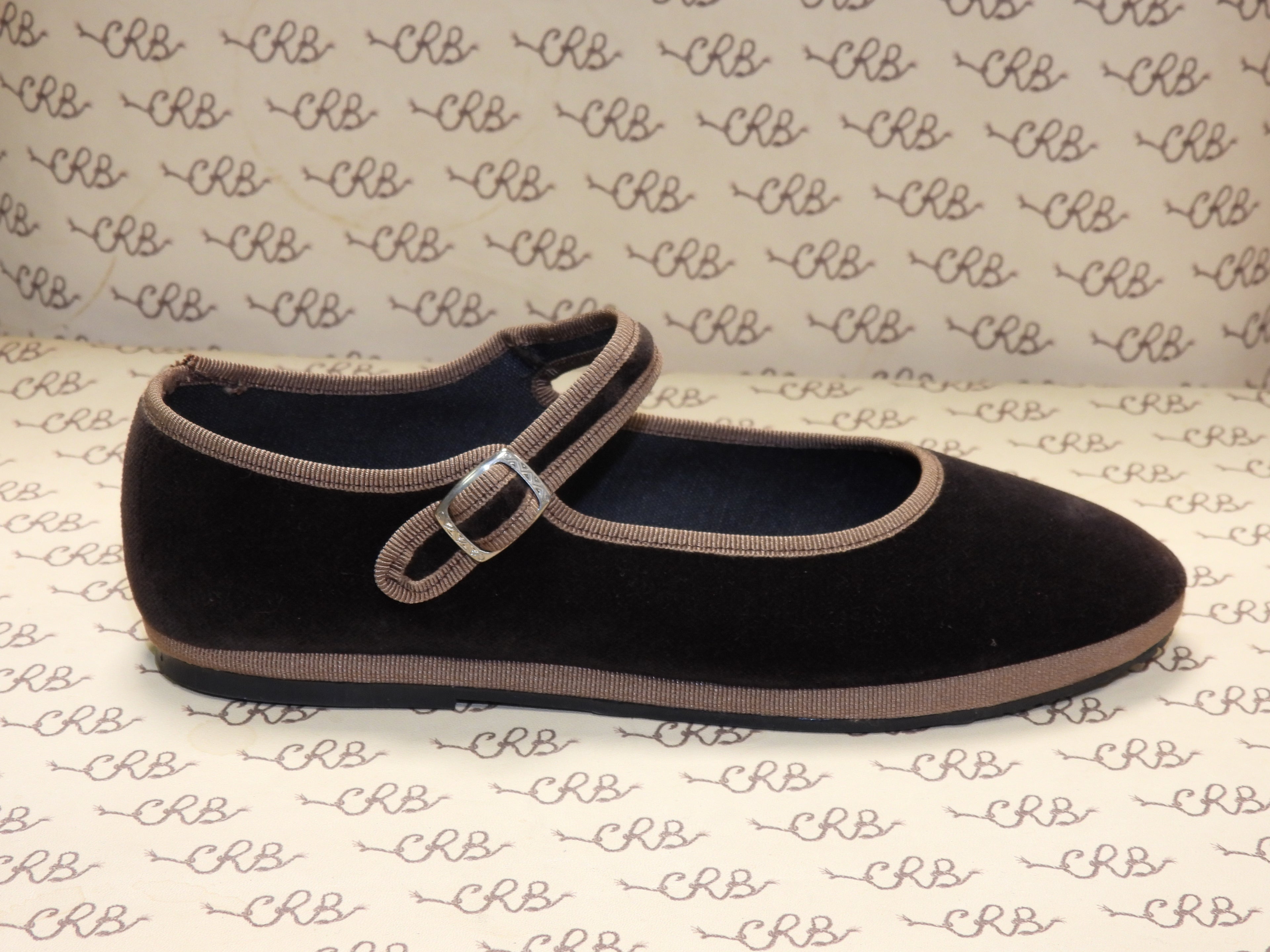 Mary Jane in velluto cotone marrone con gros cognac e fodera nera