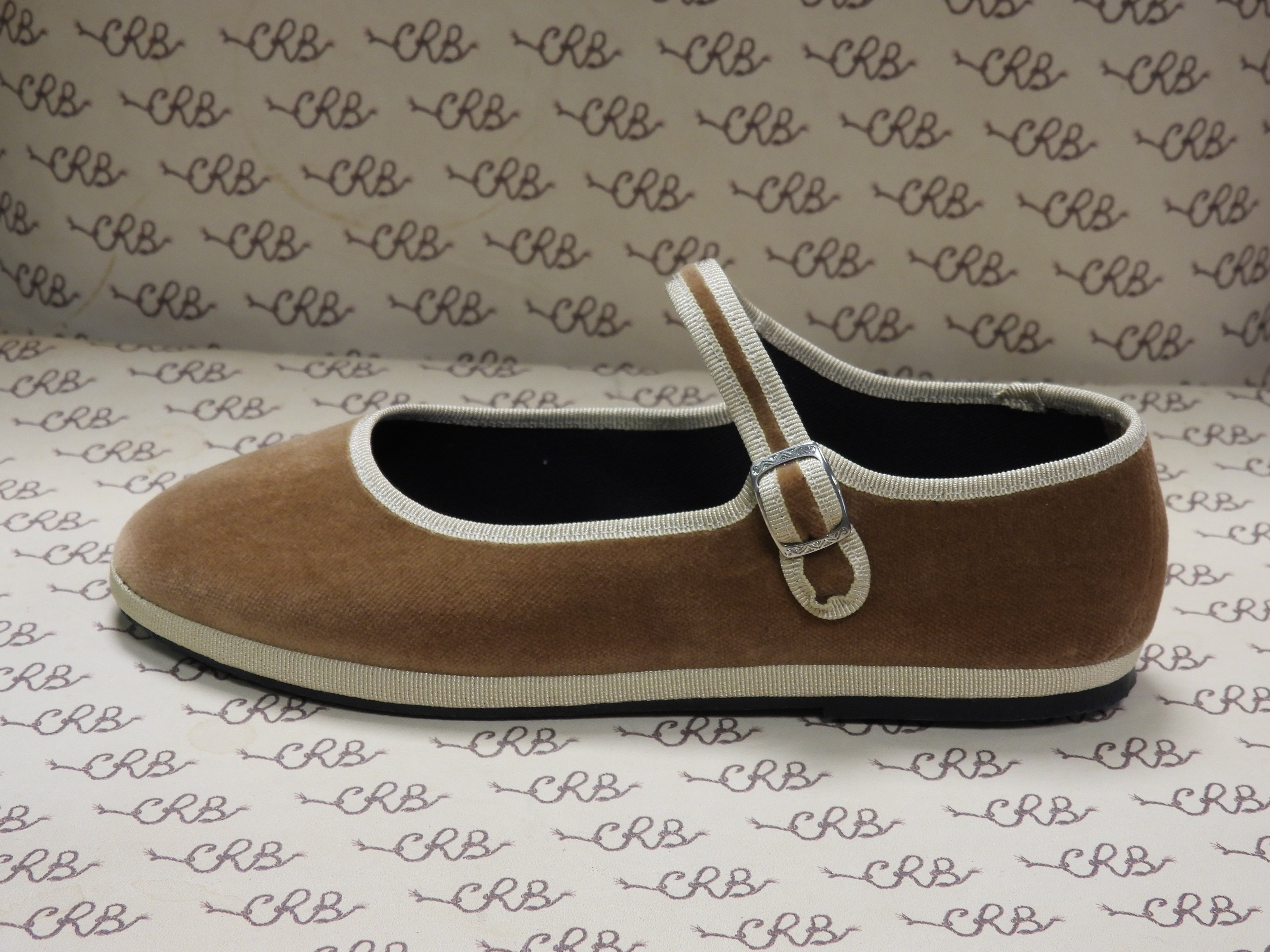 Mary Jane in velluto cotone cognac con gros beige e fodera nera