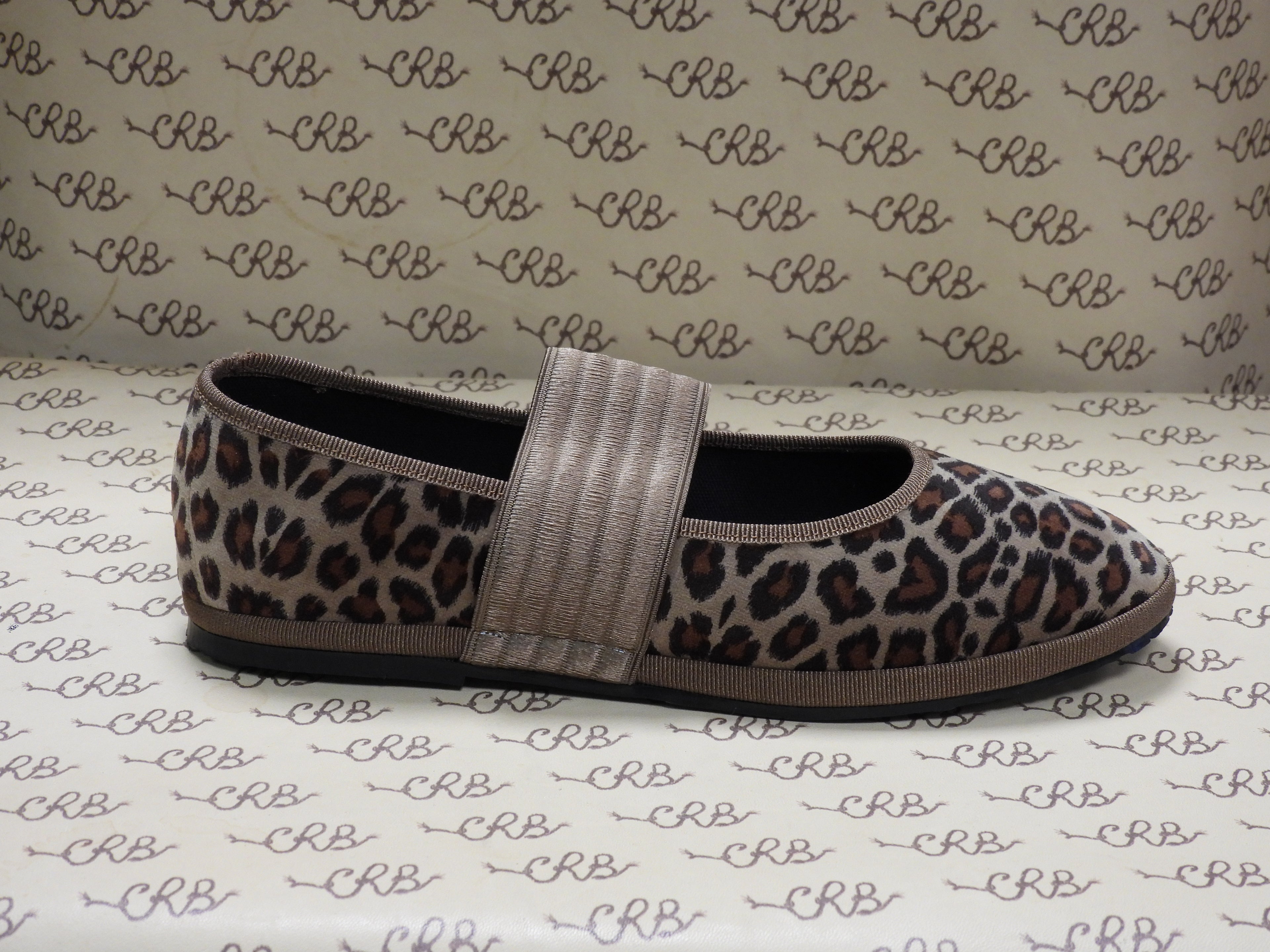 Ballerina in velluto cotone tigrotto con gros e fascia cognac e fodera nera