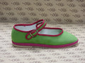 Mary Jane in tessuto olona verde con gros fucsia e fodera bianca