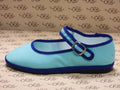 Mary Jane in tessuto olona azzurro con gros blu e fodera bianca