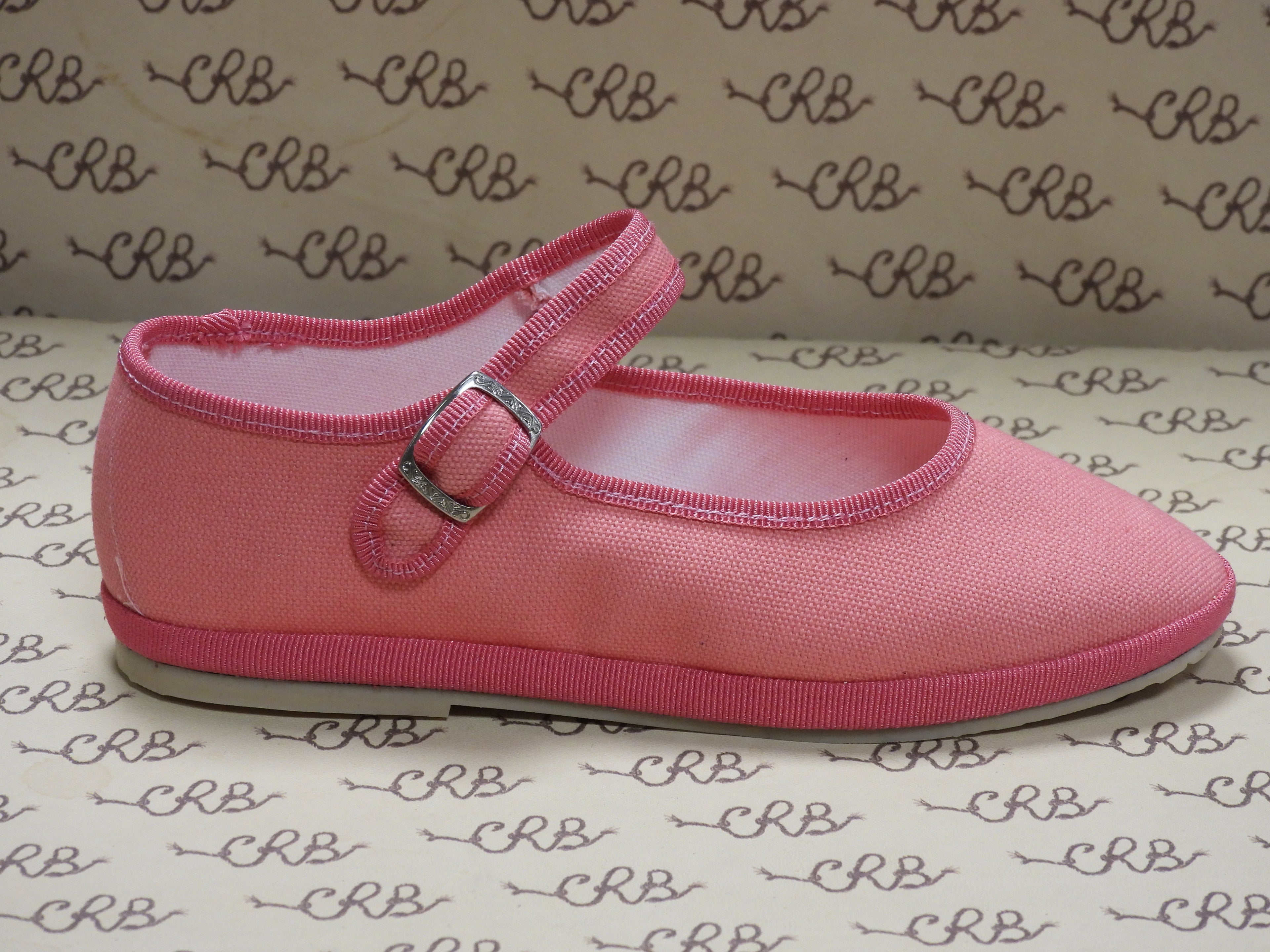 Mary Jane in tessuto olona rosa con gros rosa e fodera bianca
