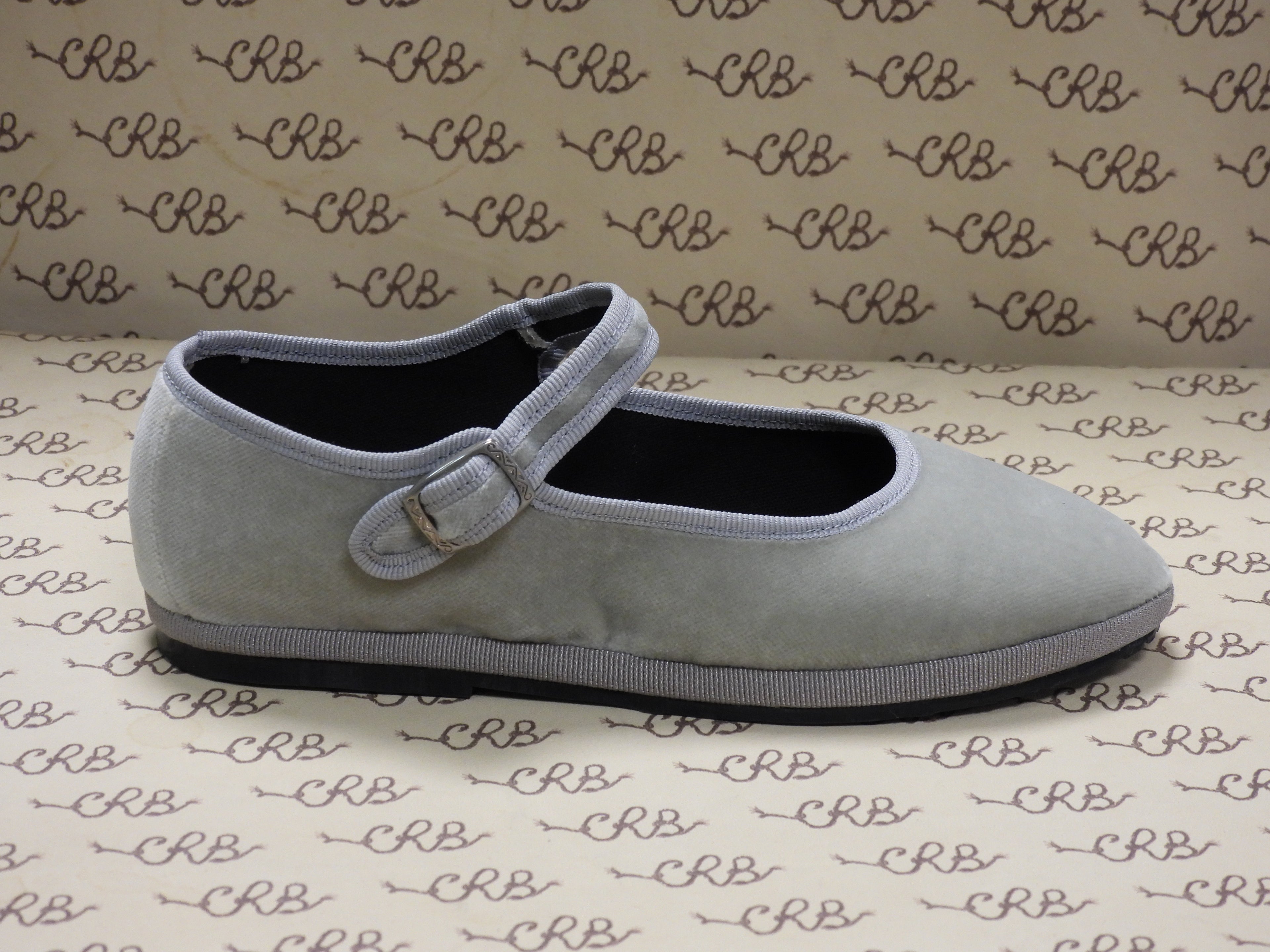 Mary Jane in velluto cotone grigio perla con gros grigio e fodera nera
